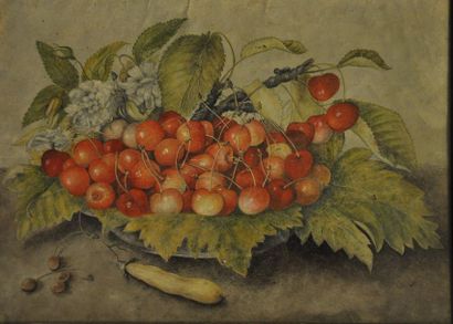 Cerises, poires, artichauts, fèves sur une...