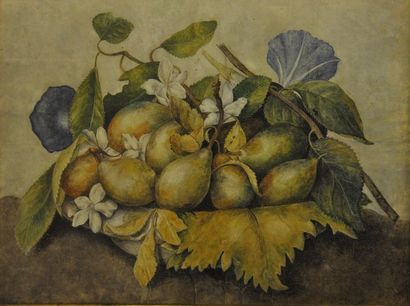 Cerises, poires, artichauts, fèves sur une...