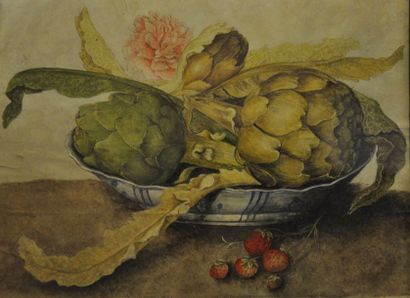 Cerises, poires, artichauts, fèves sur une...