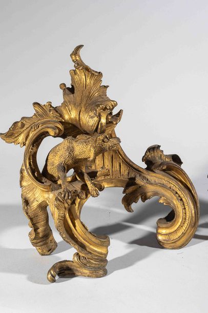Paire de chenêts en bronze ciselé, à décor...