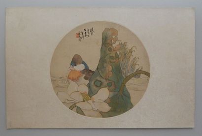 Peinture ronde sur soie : canard mandarin...