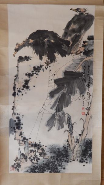 Peinture en « kakemono » représentant deux...