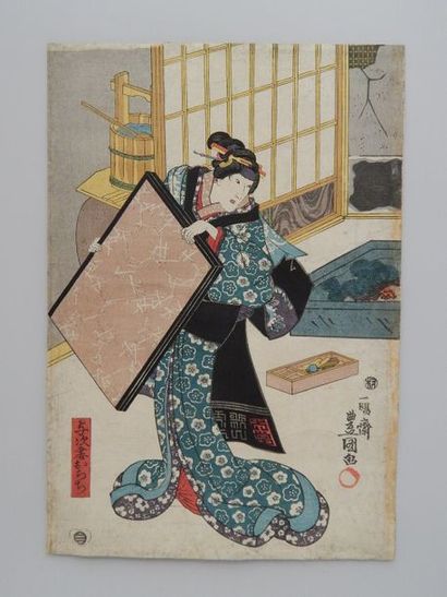 Toyokuni III, oban tate-e, femme dans un...