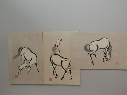 Seizan Aoyama. 3 estampes de chevaux. Vers...