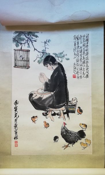 Femme assise en train de broder, entourée...