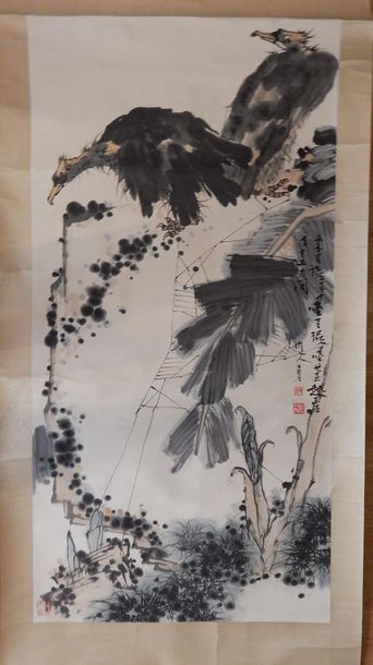 Peinture en 'kakemono' représentant deux...