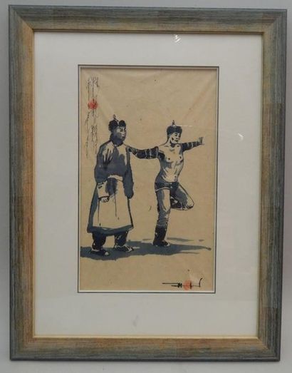 Encre sur papier représentant deux hommes....