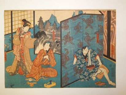 Toyokuni III, oban yoko-e, couple dans un...