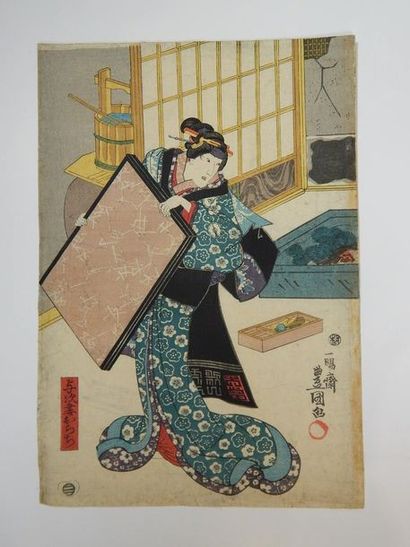 Toyokuni III, oban tate-e, femme dans un...