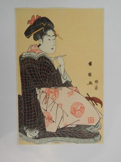 Kunimasa, jeune musicienne assise tenant...