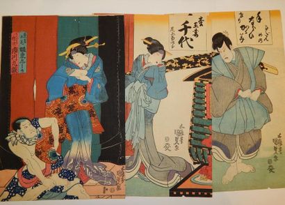 Kunisada, deux triptyques. Vers 1850.