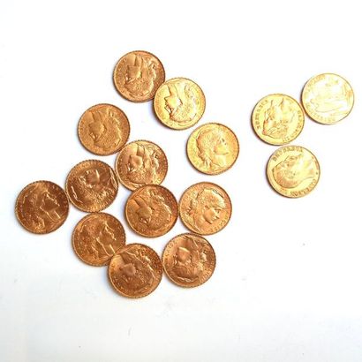 LOT de quinze pièces de 20 F or (12 Marianne,...