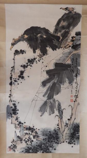 Peinture en « kakemono » représentant deux...