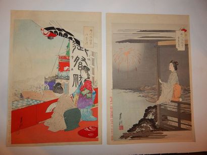 Ogata Gekko. Deux estampes, femmes installées...