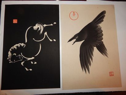 Seizan Aoyama. 2 estampes, corbeau et cheval...