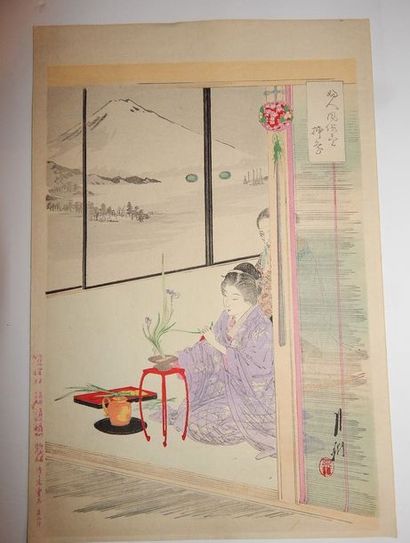 Ogata Gekko. Séance d’Ikebana sur fond de...