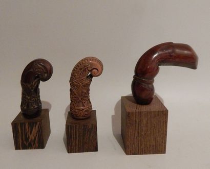 Trois manches de kriss en bois, sur socle....