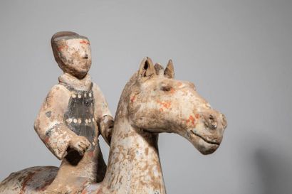 Cavalier sur son cheval à l’arrêt, en terre...