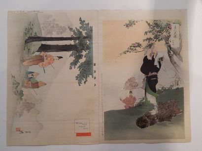 Ogata Gekko, deux estampes : guerrier gravissant...