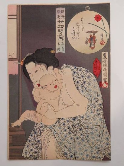 Utagawa Kunichika, jeune femme tenant son...