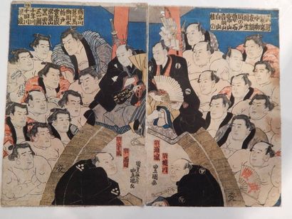 Kunisada, triptyque, spectacle de sumo. Vers...
