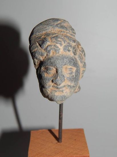 Tête de servant, en schiste. H : 4 cm. GANDHARA...