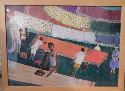 Chez un fabriquant de batik. Gouache sur...
