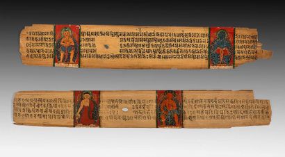 Deux pages de sutra, à décor d’un bouddha...