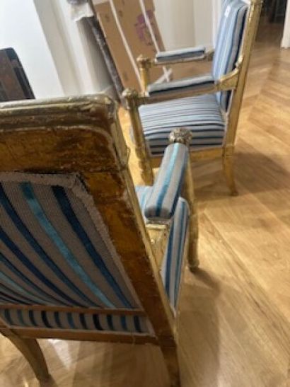 Pair of flat-back armchairs in carved and...