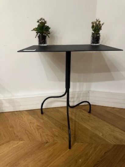 Pair of black lacquered metal pedestal tables...