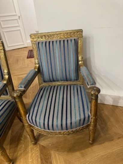 Pair of flat-back armchairs in carved and...