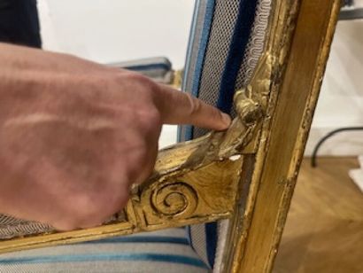 Pair of flat-back armchairs in carved and...