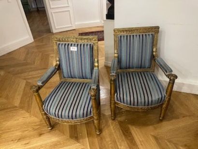 Pair of flat-back armchairs in carved and...