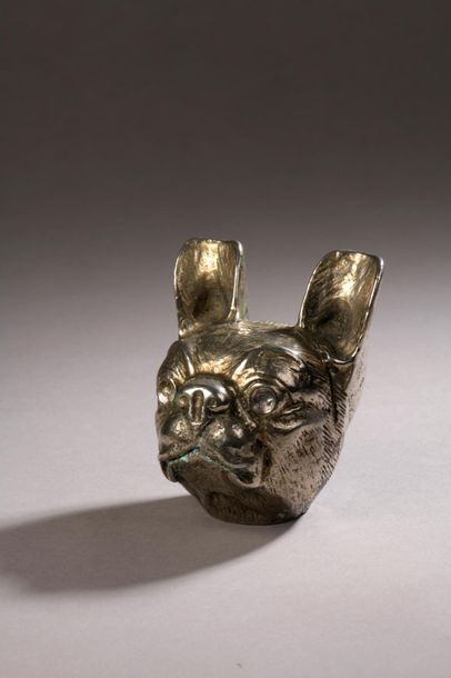 Tête de bouledogue en bronze argenté, H :...