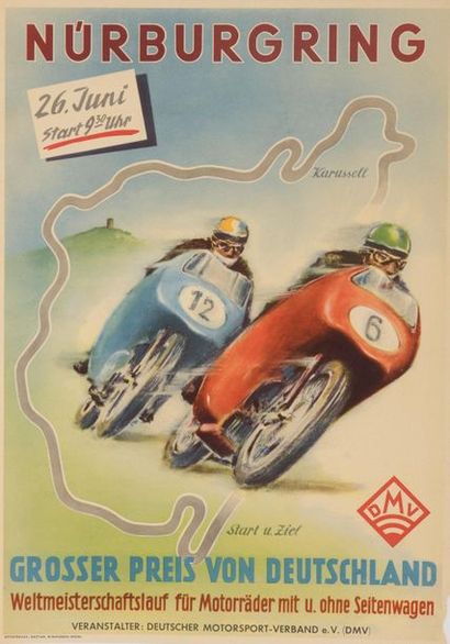 Lot de cinq affiches entoilées sur la moto,...