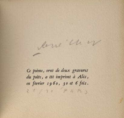 René CHAR (1907-1988)
Éros suspendu, 1960
Très...