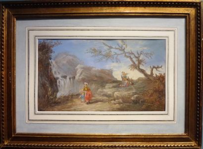 Ecole du XIXè siècle

Le repos des chasseurs

Gouache

22...
