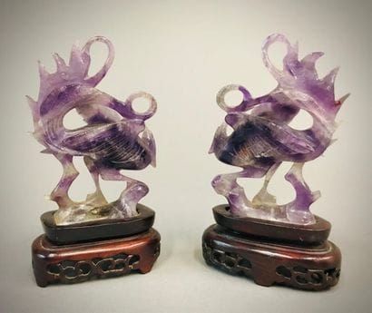 CHINE.
Paire de phénix en pierre dure mauve...
