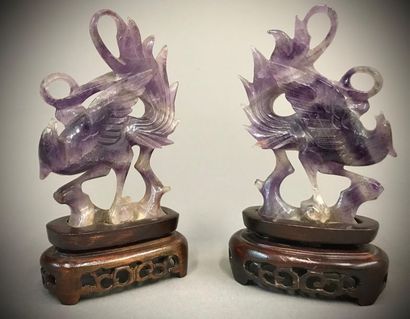 CHINE.
Paire de phénix en pierre dure mauve...