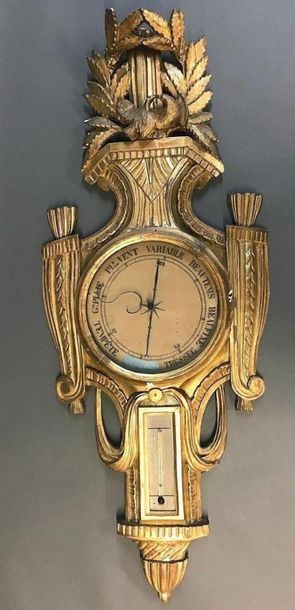 Baromètre thermomètre en bois sculpté et...