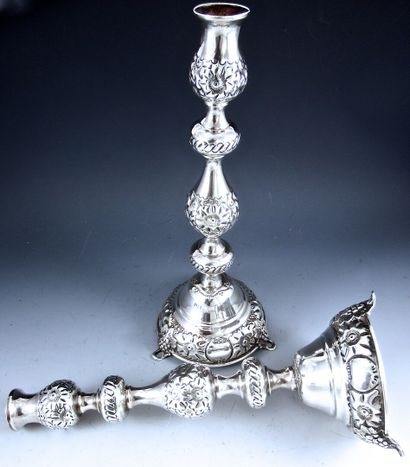 LONDON 1918

Pair of silver torches decorated...