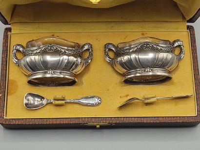 Pair of silver saltcellars with vermeil on...