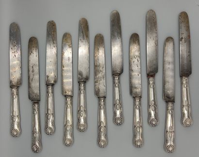 
Large table knife set (11) with silver handles...