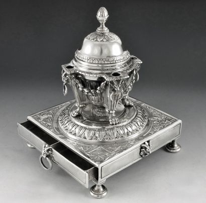Silver inkwell / writing box with a bell...