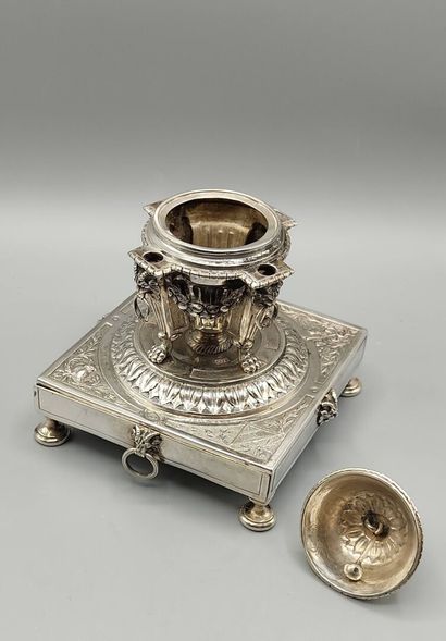 Silver inkwell / writing box with a bell...