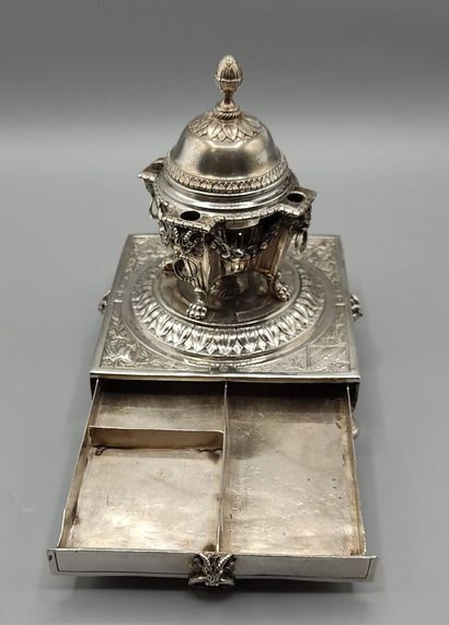 Silver inkwell / writing box with a bell...