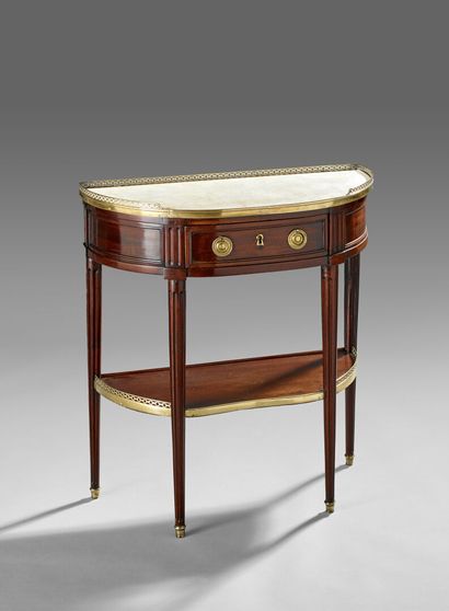 Console de forme demi-lune en acajou et placxage...