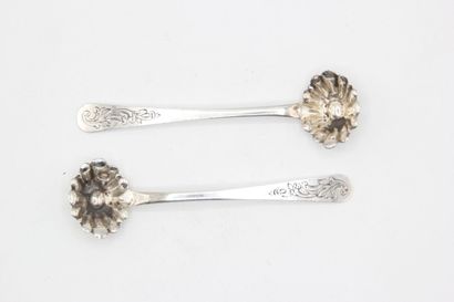 Pair of silver salt shovels with shell spoons...