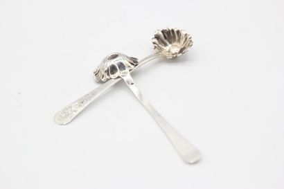 Pair of silver salt shovels with shell spoons...