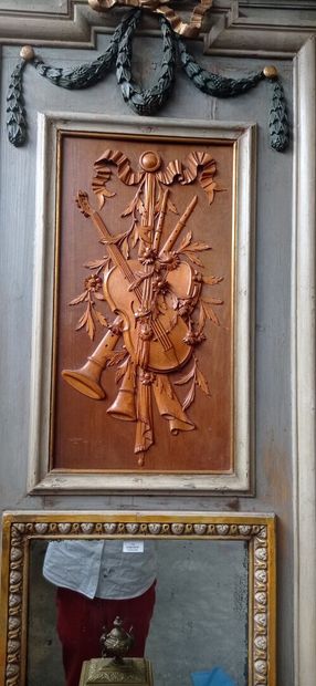 Carved wood trumeau, lacquered blue and green...